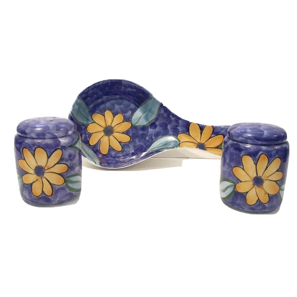 Vintage Spoon Rest Salt Pepper Shakers Set Blue Yellow Flowers Floral Painting